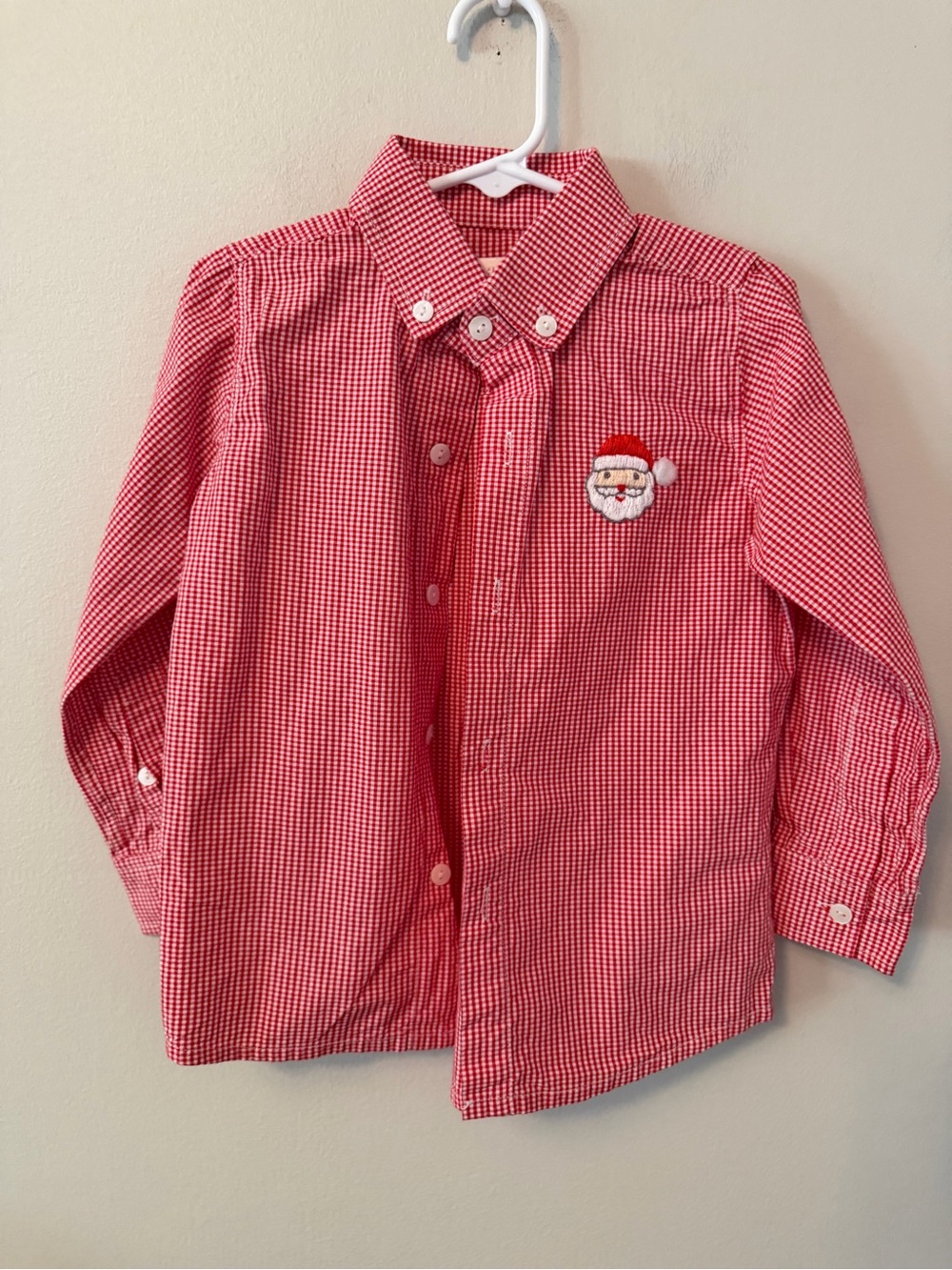 Cecil and Lou Red Gingham Button-Down Shirt with Santa Embroidery